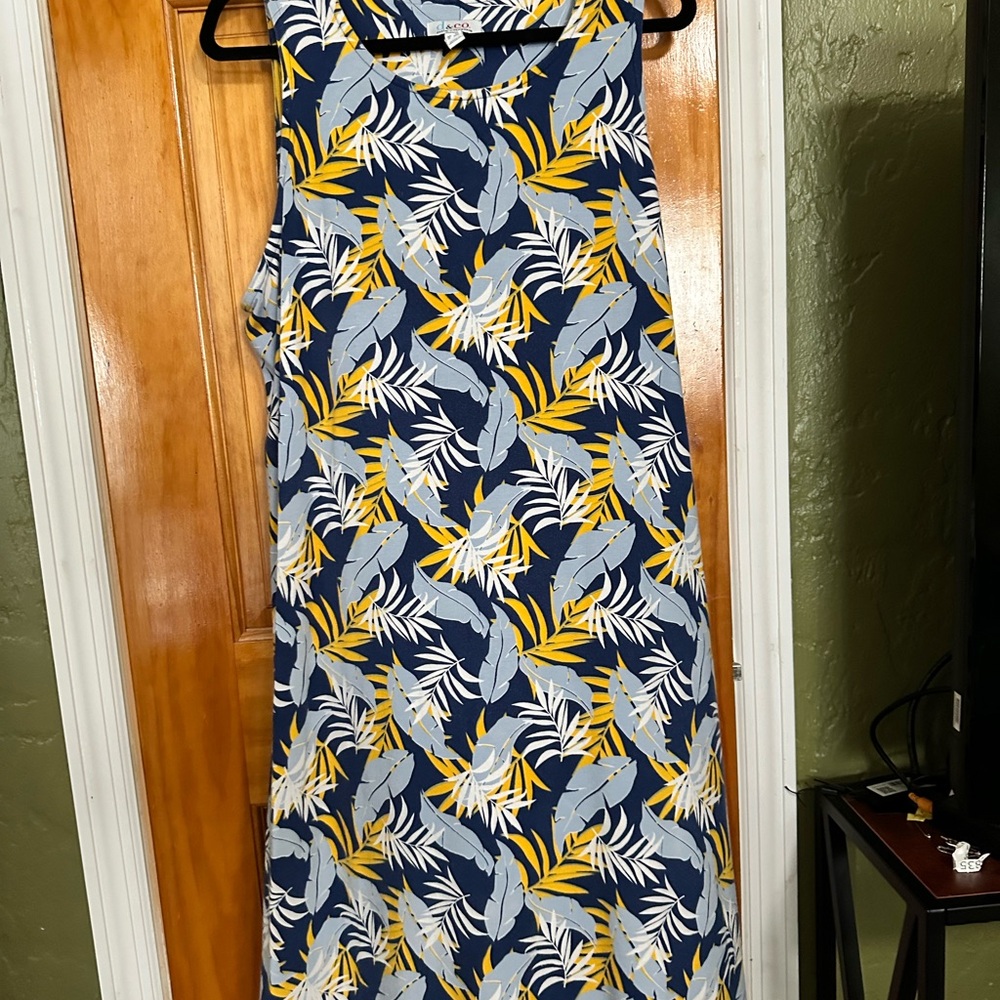 Dia & Co Navy and Yellow Leaf Print Midi Dress